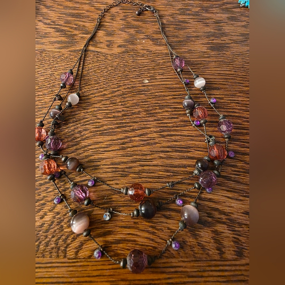 Pretty Beaded Necklace Copper Wire with Purple, Cats eye Pale Pink and Orange